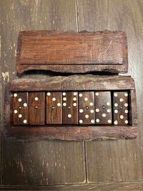 Handcrafted Wooden Domino Set in Dark Brown with Rustic Case